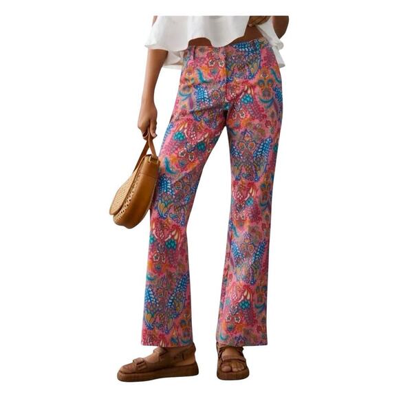 Love The Label Pink Paisley Print Low-Rise Flare Pants Boho Festival, Women's 8